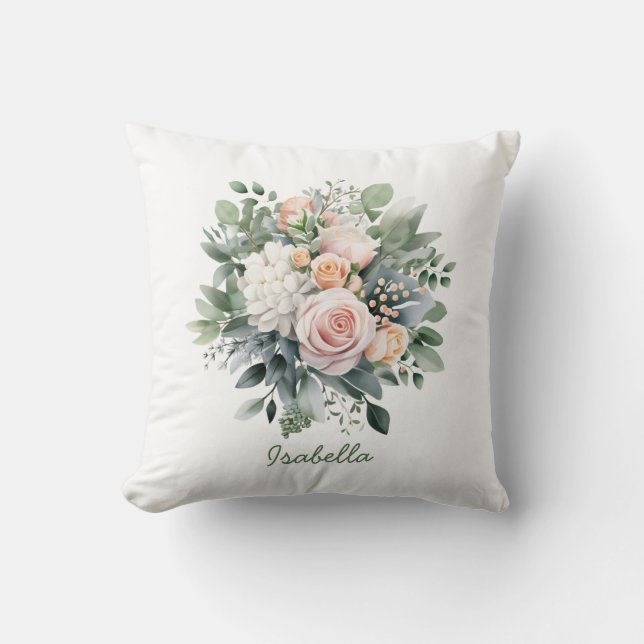 Custom Pretty Watercolor Eucalyptus Roses Floral  Throw Pillow (Front)