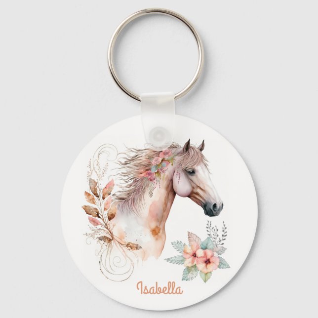Custom Pretty Watercolor Floral Boho Horse Keychain (Front)