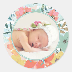 Custom Pretty Watercolor Floral Photo Frame Classic Round Sticker