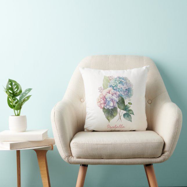 Custom Pretty Watercolor Hydrangea Floral  Throw Pillow (Chair)