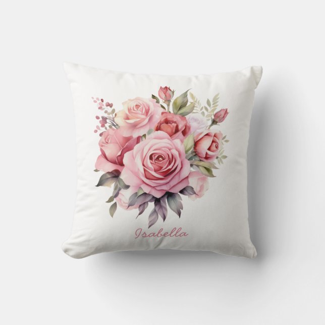 Custom Pretty Watercolor Pink Roses Floral  Throw Pillow (Front)