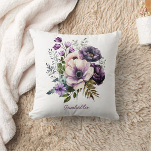 Custom Pretty Watercolor Purple Floral Throw Pillow