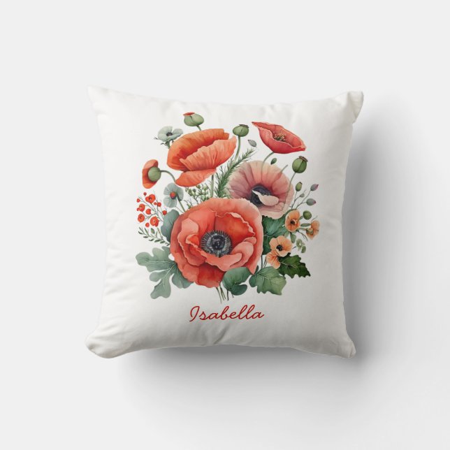 Custom Pretty Watercolor Red Poppies Floral Throw Pillow (Front)