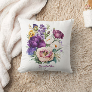 Custom Pretty Watercolor Spring Flowers Floral Throw Pillow