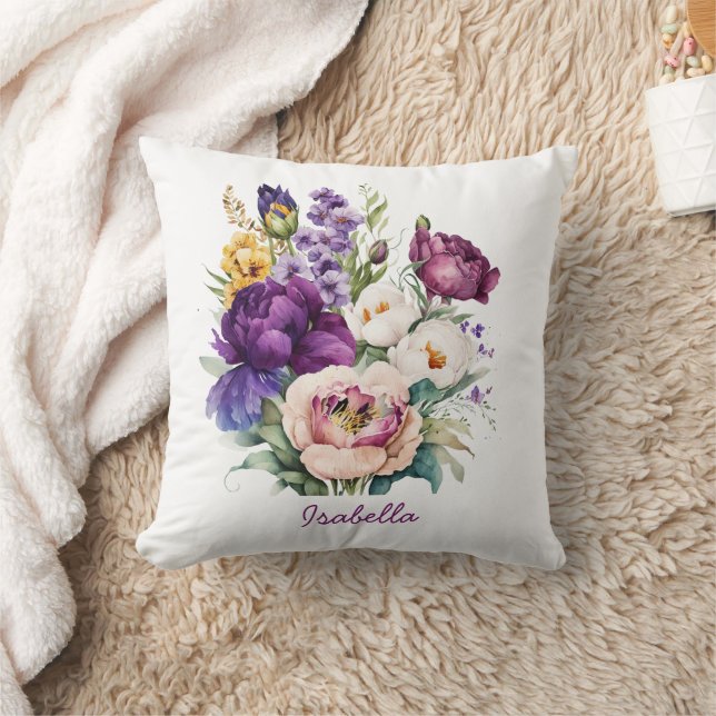 Custom Pretty Watercolor Spring Flowers Floral Throw Pillow (Blanket)