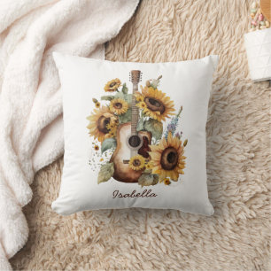 Custom Pretty Watercolor Sunflowers Guitar Floral Throw Pillow