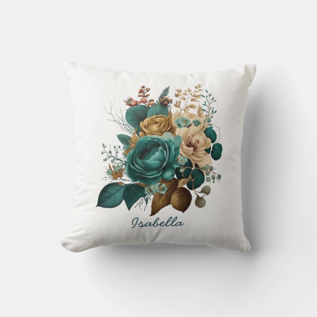 Custom Pretty Watercolor Teal Gold Floral  Throw Pillow (Front)