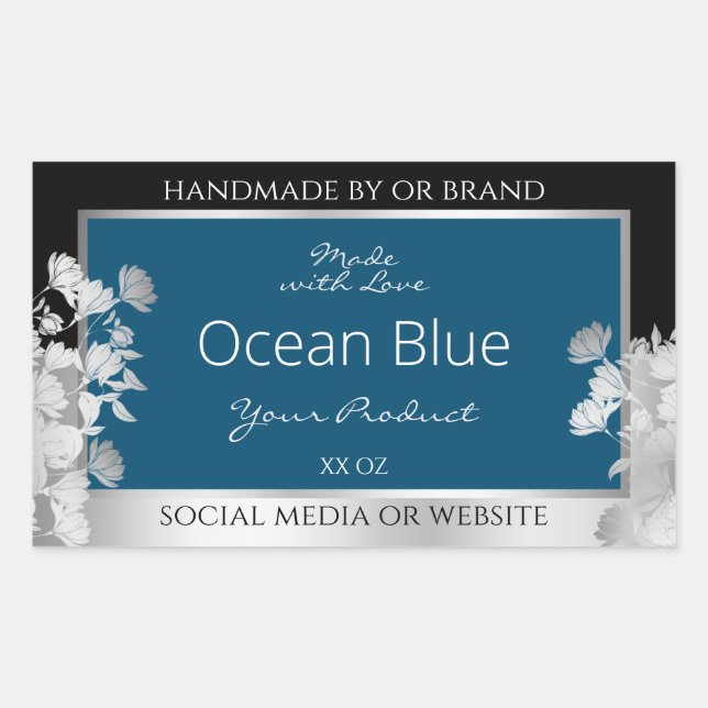 Custom Product Labels Ocean Blue with Silver Frame (Front)