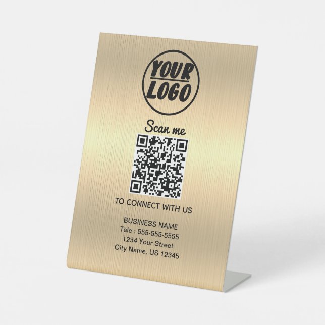 Custom Professional Business Logo QR Code Gold  Pedestal Sign (Front)