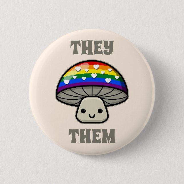 Custom Pronouns Cute LGBTQIA+ Pride Mushroom 2 Inch Round Button (Front)
