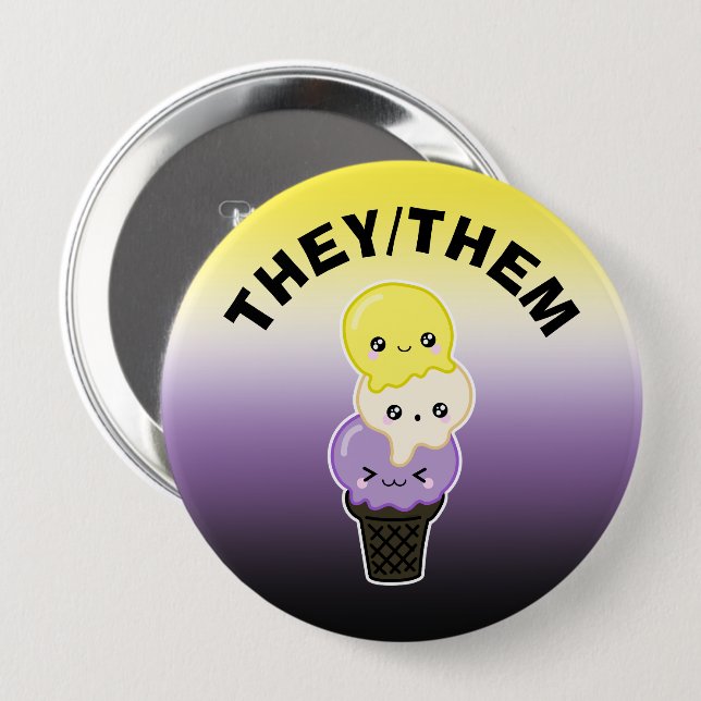 Custom Pronouns - LGBTQ+ Nonbinary Pride Ice Cream 4 Inch Round Button (Front & Back)