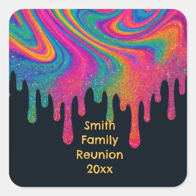 Custom Psychedelic Neon Glitter Drip Sticker Label (Front)