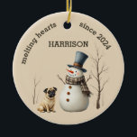 Custom Pug Dog Heart melting Keepsake Ceramic Ornament<br><div class="desc">A adorable watercolor pug and snowman makes these custom Christmas ornaments a heart warming keepsake gift. Easily customize to make a special gift this Christmas.</div>