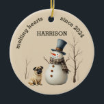 Custom Pug Dog Heart melting Keepsake Ceramic Ornament<br><div class="desc">A adorable watercolor pug and snowman makes these custom Christmas ornaments a heart warming keepsake gift. Easily customize to make a special gift this Christmas.</div>