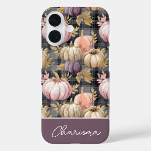 Custom Pumpkin and Flowers plaid pattern iPhone 16 Case
