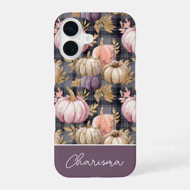 Custom Pumpkin and Flowers plaid  pattern  iPhone 16 Case (Back)