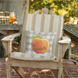 Custom Pumpkin Autumn Beige Brown Gingham Pattern Outdoor Pillow