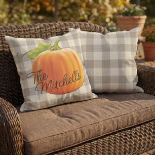 Custom Pumpkin Autumn Beige Brown Gingham Pattern Outdoor Pillow