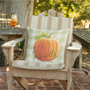 Custom Pumpkin Fall Light Green Gingham Pattern Outdoor Pillow