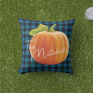 Custom Pumpkin On Blue Black Check Pattern Outdoor Pillow