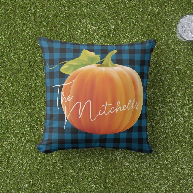 Custom Pumpkin On Blue Black Check Pattern Outdoor Pillow (Grass)
