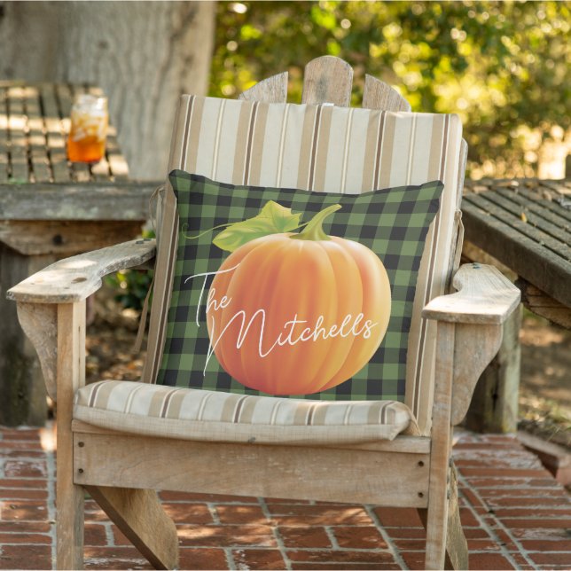 Custom Pumpkin On Green Black Check Pattern Outdoor Pillow (Chair)
