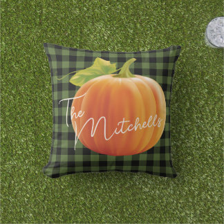 Custom Pumpkin On Green Black Check Pattern Outdoor Pillow