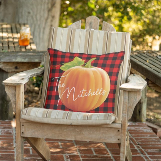 Custom Pumpkin On Red Black Check Pattern Outdoor Pillow (Chair)