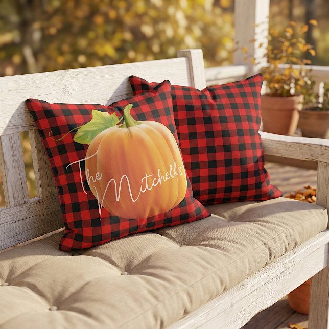 Custom Pumpkin On Red Black Check Pattern Outdoor Pillow (Creator Uploaded)