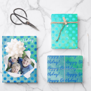 Custom Punch Hole Photo Blue Dots On Green Wrapping Paper Sheet