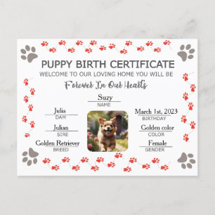 Custom Puppy Birth Certificate Holiday Postcard