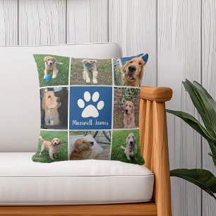 Custom Puppy Dog Photo Collage Paw Print Blue Throw Pillow