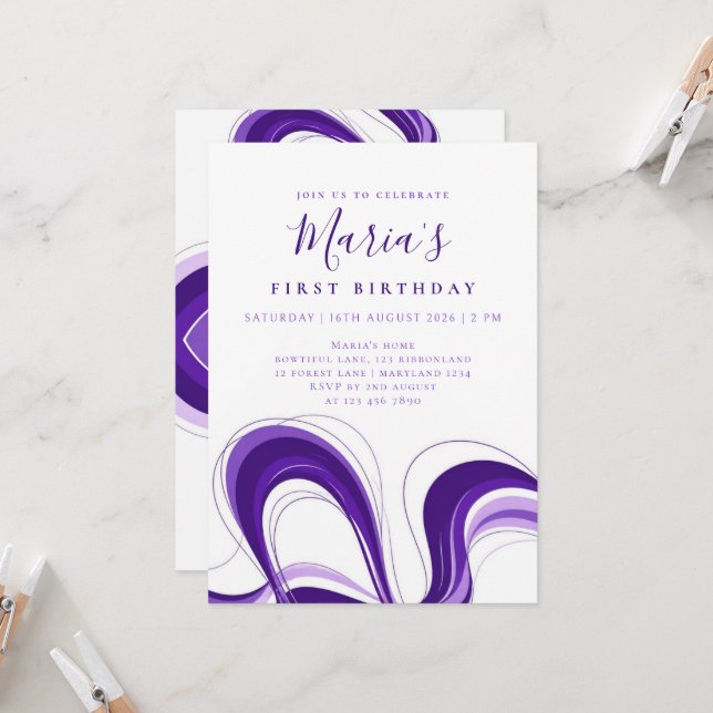 Custom Purple Abstract Wave First Birthday Invitation (Front/Back In Situ)