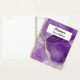 Custom Purple Alcohol Ink Art with Gold Planner