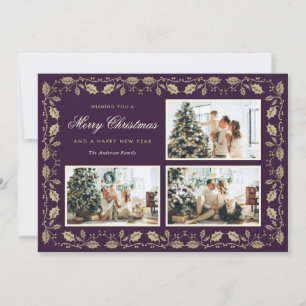 Custom Purple and Gold Family Photo Christmas Holiday Card