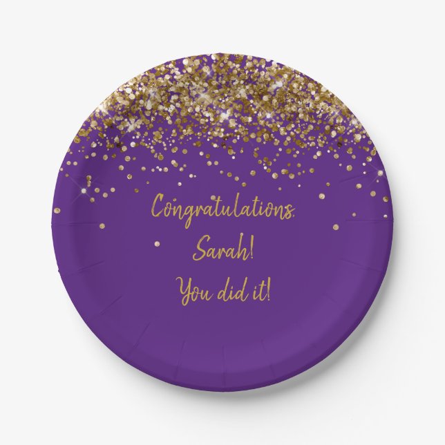 Custom Purple and Gold Graduation Party Glitter Paper Plate (Front)