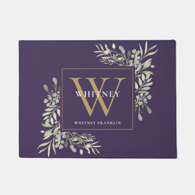 Custom Purple And Gold Monogram Greenery Floral Doormat (Front)