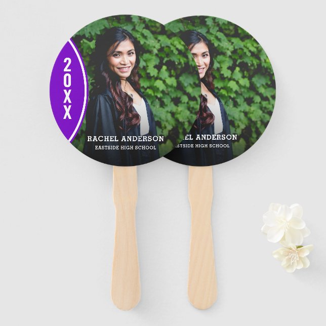 Custom Purple and White Graduation Photo Hand Fan (Front and Back)