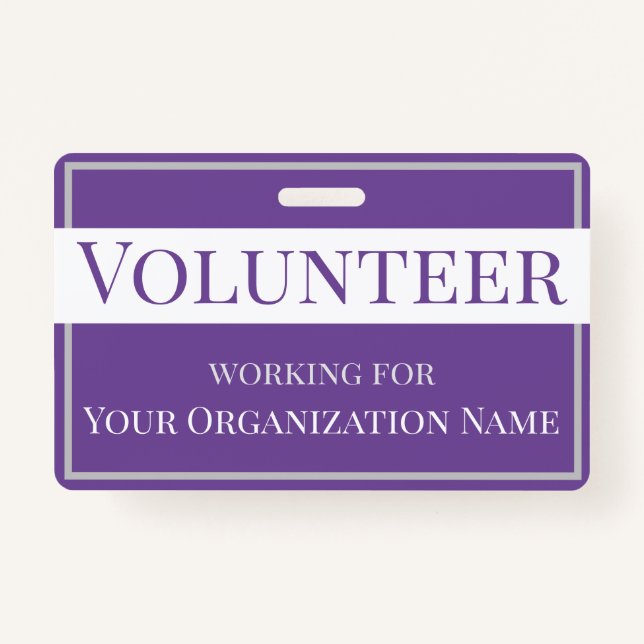 Custom Purple and White Volunteer ID Badge (Front)
