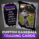 Custom Purple Baseball Trading Card BaseballPlayer<br><div class="desc">Showcase your love for the game with this stylish and customizable baseball trading card. Featuring a bold, modern design with a sleek black and Purple colour scheme, this card is perfect for honouring your favourite player. Easily add your own photo, player name, team name, and stats for a personalized touch....</div>