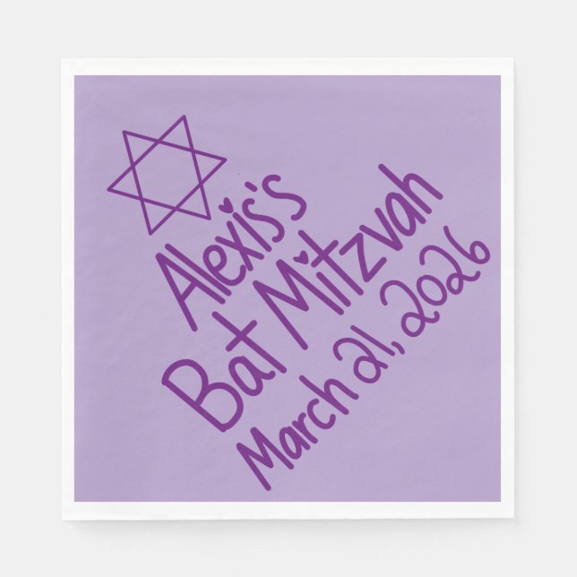 Custom Purple Bat Mitzvah Paper Napkin (Front)