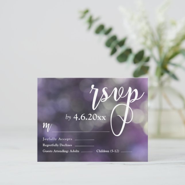 Custom Purple Bokeh Light & Typography 32 RSVP Postcard (Standing Front)