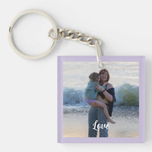 Custom Purple Border Photo White Love Script Keychain