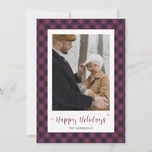 Custom Purple Buffalo Plaid Photo Holiday Cards