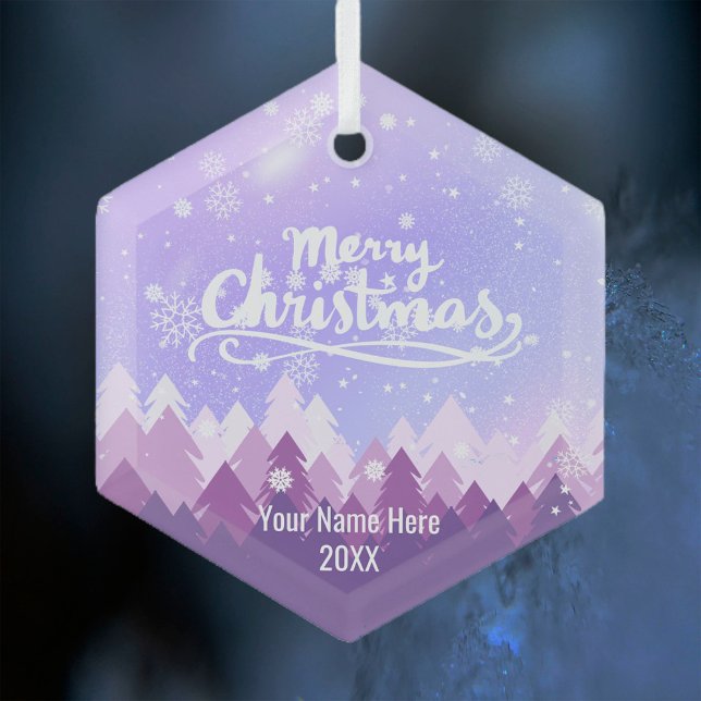 Custom Purple Crystal Snow Forest Merry Christmas Glass Ornament (Creator Uploaded)