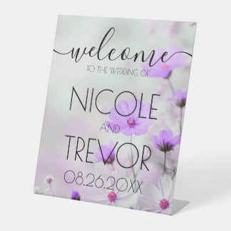 Custom Purple Dainty Flowers Welcome Wedding  Pedestal Sign