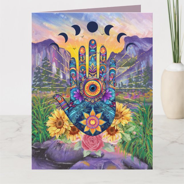 Custom Purple Floral Hamsa Hand of Fatima Greeting Card (Front)