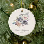 Custom Purple Floral Watercolor Wedding Favour Ceramic Ornament<br><div class="desc">Celebrate the love and commitment of newlyweds or mark a special anniversary with this elegant ceramic ornament. Featuring a beautiful watercolor design in shades of purple, the ornament is personalized with the bride and groom's names and their wedding date. The delicate floral accents create a romantic and timeless keepsake that...</div>