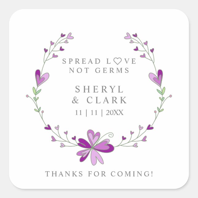 Custom Purple Floral Wreath Wedding Sanitizer Gel Square Sticker (Front)