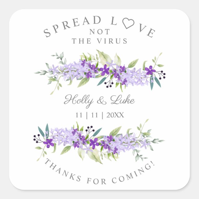 Custom Purple Flower Wedding  Garland Sanitizer Square Sticker (Front)